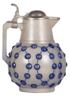 Stoneware stein, 9.0'' ht., relief, marked 1533, blue saltglaze, Art Nouveau, pewter lid, mint. - 3