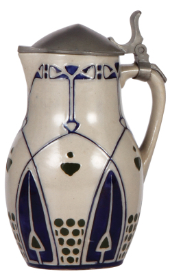 Stoneware stein, 8.3'' ht., relief, marked 1982, made by Reinhold Merkelbach, designed by Joseph Hahn, blue & green glazes, Art Nouveau, pewter lid, mint.