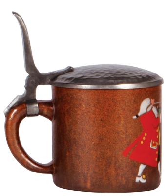 Stoneware .stein, .5L, hand-painted, marked Reinhold Merkelbach, Grenzhausen, 2176, design by Ludwig Hohlwein, pewter lid, pewter repair, otherwise mint. - 3