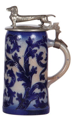 Stoneware stein, 1.0L, etched, blue saltglaze, 1791, in the style of Sarreguemines, pewter lid with figural Dachshund, excellent pewter repair, otherwise mint.