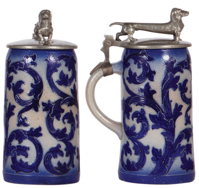 Stoneware stein, 1.0L, etched, blue saltglaze, 1791, in the style of Sarreguemines, pewter lid with figural Dachshund, excellent pewter repair, otherwise mint. - 2