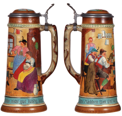 Two pottery steins, 1.5L, 12.0" ht., etched, signed G.K. inlaid lid, flakes on inlay edge; with, .5L, etched, inlaid lid, thumblift missing.  - 2