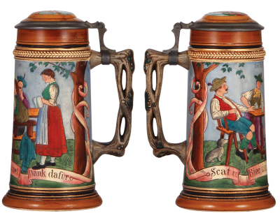 Two pottery steins, 1.5L, 12.0" ht., etched, signed G.K. inlaid lid, flakes on inlay edge; with, .5L, etched, inlaid lid, thumblift missing.  - 3