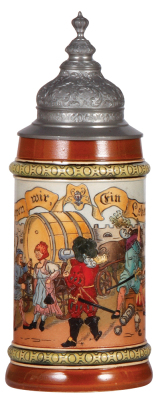 Pottery stein, 1.0L, etched, marked H.R., 431, by Hauber & Reuther, pewter lid, small base paint flakes in rear. 