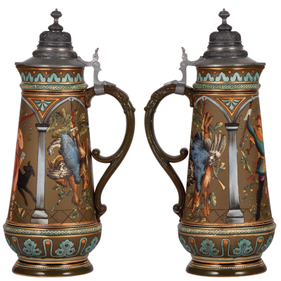 Pottery stein, 2.0L, 15.5" ht., etched, marked Gerz, 1237A, pewter lid is dented, part of thumblift missing, body mint.  - 2