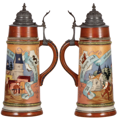 Pottery stein, 2.0L, 14.5" ht., etched, marked H.R., 433, by Hauber & Reuther, pewter lid, top rim chip & paint flakes repaired, hairline under base.  - 2