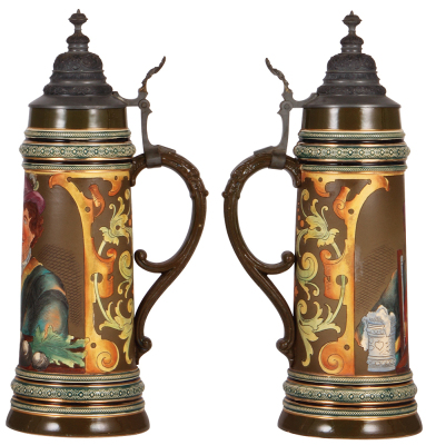 Pottery stein, 2.0L, 16.0" ht., etched, marked Gerz, 1235, pewter lid, small chip & hairline on handle.  - 2