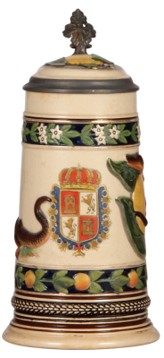 Pottery stein, .5L, relief, marked 6007, by Marzi & Remy, Souvenir of Florida, inlaid lid, a little wear. 