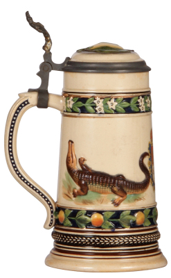 Pottery stein, .5L, relief, marked 6007, by Marzi & Remy, Souvenir of Florida, inlaid lid, a little wear.  - 3