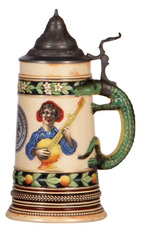 Pottery stein, .5L, relief, transfer & hand-painted, #6042, by Marzi & Remy, Souvenir of New Orleans, pewter lid, small pewter tear, a little wear. 