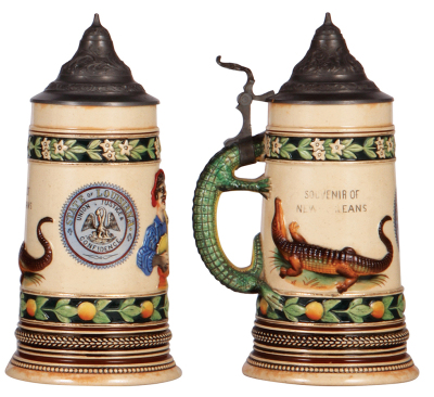 Pottery stein, .5L, relief, transfer & hand-painted, #6042, by Marzi & Remy, Souvenir of New Orleans, pewter lid, small pewter tear, a little wear.  - 2