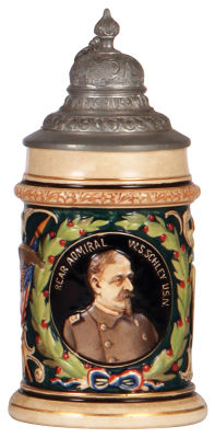 Pottery stein, .5L, relief, 1267, by Reinhold Hanke, Rear Admiral W.S. Schley U.S.N., pewter lid, mint. 