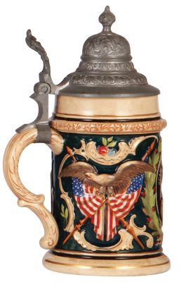 Pottery stein, .5L, relief, 1267, by Reinhold Hanke, Rear Admiral W.S. Schley U.S.N., pewter lid, mint.  - 3