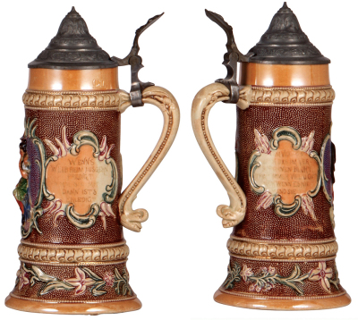 Two pottery steins, .5L, relief, by Diesinger, no number & 577, pewter lids, first mint; second has factory blister chip, lid is old replacement.  - 3