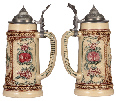 Two pottery steins, .5L, relief, by Diesinger, 53 & 777, pewter lids, first has dented lid, otherwise mint.  - 2