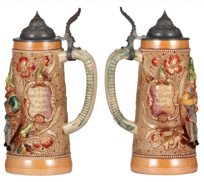 Two pottery steins, .5L, relief, by Diesinger, 799 & no number, pewter lids, first mint, second has dented lid.  - 2