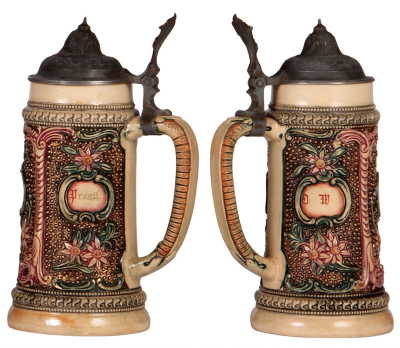 Two pottery steins, .5L, relief, by Diesinger, 799 & no number, pewter lids, first mint, second has dented lid.  - 3