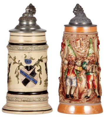 Two pottery steins, .5L, relief, by Diesinger, 1156 & 807, pewter lids, first has repaired finial, second lid dented. 