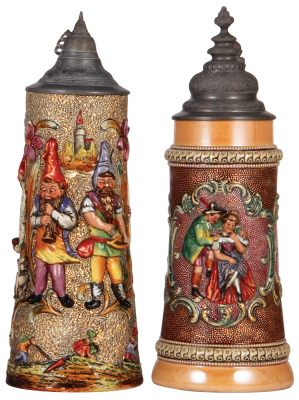 Two pottery steins, 1.0L, relief, by Diesinger, 875 & 513, pewter lids, both have small chips on relief. 