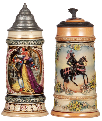 Two pottery steins, .5L, relief, by Diesinger, 24 & 60, first has a pewter lid & second has an inlaid lid with an inlay crack, both have browning.