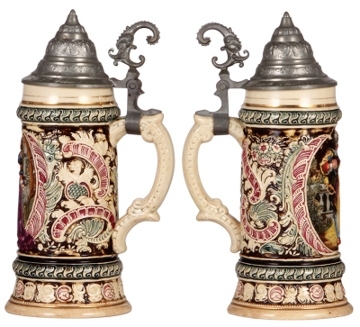 Two pottery steins, .5L, relief, by Diesinger, 24 & 60, first has a pewter lid & second has an inlaid lid with an inlay crack, both have browning. - 2