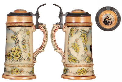 Two pottery steins, .5L, relief, by Diesinger, 24 & 60, first has a pewter lid & second has an inlaid lid with an inlay crack, both have browning. - 3