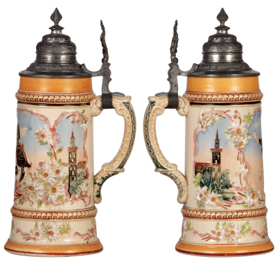 Two pottery steins, .5L, relief, by Diesinger, 85 & 513, first has threading, pewter lids, first has base hairlines, second pewter strap repaired.  - 2