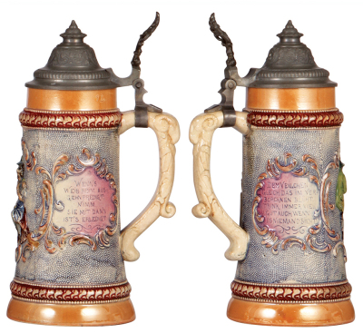 Two pottery steins, .5L, relief, by Diesinger, 85 & 513, first has threading, pewter lids, first has base hairlines, second pewter strap repaired.  - 3