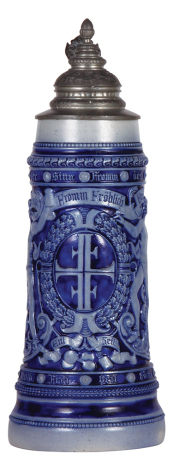 Stoneware stein, 2.0L, 14.8" ht., relief, marked 492, 4F, blue saltglaze, pewter lid, 3" hairline on bottom and edge. 