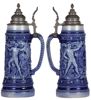 Stoneware stein, 2.0L, 14.8" ht., relief, marked 492, 4F, blue saltglaze, pewter lid, 3" hairline on bottom and edge.  - 2