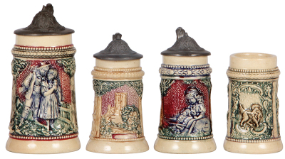 Four pottery steins, 3.3" to 5.2" ht., by Diesinger, relief, 1st., #557, lid dent & tear; 2nd., base chip, pewter tear; 3rd., mint;, 4th., no lid, mint. 