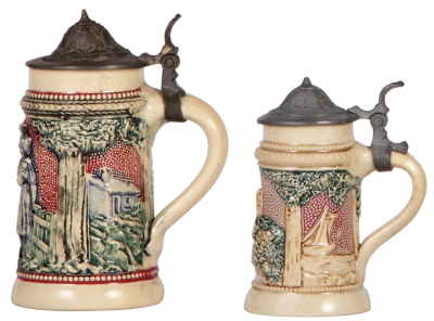 Four pottery steins, 3.3" to 5.2" ht., by Diesinger, relief, 1st., #557, lid dent & tear; 2nd., base chip, pewter tear; 3rd., mint;, 4th., no lid, mint.  - 2