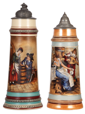 Two pottery steins, 2.5L, 15.5" ht., transfer & hand-painted, 1190, by Reinhold Hanke, pewter lid, flake; with, 2.0L, 14.4" ht., transfer & hand-painted, pewter lid, mint. 