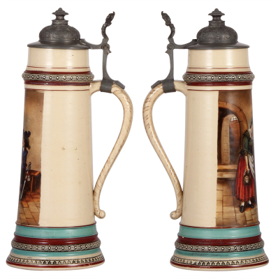 Two pottery steins, 2.5L, 15.5" ht., transfer & hand-painted, 1190, by Reinhold Hanke, pewter lid, flake; with, 2.0L, 14.4" ht., transfer & hand-painted, pewter lid, mint.  - 2