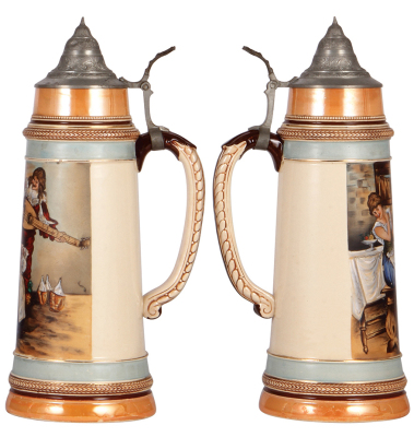 Two pottery steins, 2.5L, 15.5" ht., transfer & hand-painted, 1190, by Reinhold Hanke, pewter lid, flake; with, 2.0L, 14.4" ht., transfer & hand-painted, pewter lid, mint.  - 3