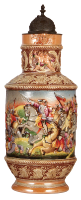 Pottery stein, 6.0L, 21.0" ht., relief, by Diesinger, marked 61, pewter lid has dent, body mint. 