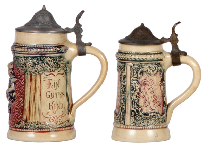 Four pottery steins, 3.6" to 5.3" ht., by Diesinger, relief, 1st., pewter tear, faint line in handle; 2nd., casting flaw on lid, mint; 3rd., base flake, lid dent; 4th., #857, no lid, top rim chips, handled glued.  - 2