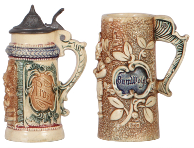 Four pottery steins, 3.6" to 5.3" ht., by Diesinger, relief, 1st., pewter tear, faint line in handle; 2nd., casting flaw on lid, mint; 3rd., base flake, lid dent; 4th., #857, no lid, top rim chips, handled glued.  - 3