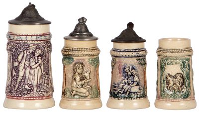 Four pottery steins, 3.4" to 5.2" ht., relief, by Diesinger, 1st., #557, flake; 2nd., #13, replaced pewter lid; 3rd., firing line on base; 4th., no lid, chip in rear. 