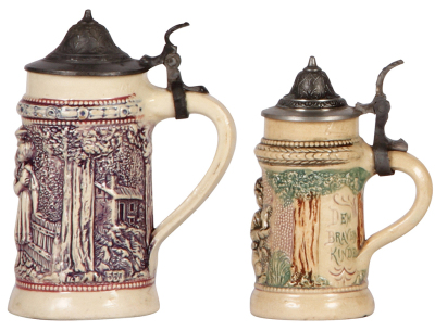 Four pottery steins, 3.4" to 5.2" ht., relief, by Diesinger, 1st., #557, flake; 2nd., #13, replaced pewter lid; 3rd., firing line on base; 4th., no lid, chip in rear.  - 2