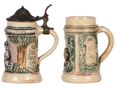 Four pottery steins, 3.4" to 5.2" ht., relief, by Diesinger, 1st., #557, flake; 2nd., #13, replaced pewter lid; 3rd., firing line on base; 4th., no lid, chip in rear.  - 3