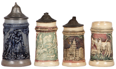 Fours steins, one stoneware, three pottery, 3.6" to 5.5" ht., by Diesinger, relief, 1st., #559, mint; 2nd., handle flake; 3rd., State Capitol Denver, mint; 4th., Burro, no lid, mint. 