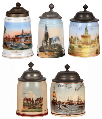 Five steins, 3.8" to 4.4" ht., three porcelain, transfer & hand-painted, 1st., Schaffhausen, lid dent; 2nd., Christus Kirchay, Hannover, lid, dent; 3rd., Bayerische Landessaustellung, 1896, mint; two pottery, 4th., Germanisches Museum, mint; 5th., Gruss a