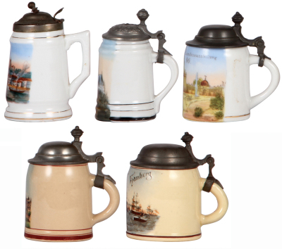 Five steins, 3.8" to 4.4" ht., three porcelain, transfer & hand-painted, 1st., Schaffhausen, lid dent; 2nd., Christus Kirchay, Hannover, lid, dent; 3rd., Bayerische Landessaustellung, 1896, mint; two pottery, 4th., Germanisches Museum, mint; 5th., Gruss a - 2