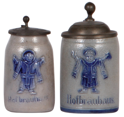 Two stoneware steins, 2.4" to 3.4" ht., relief, Hofbräuhaus, pewter lids, both mint. 