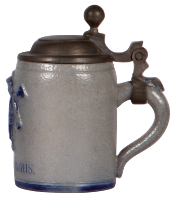 Two stoneware steins, 2.4" to 3.4" ht., relief, Hofbräuhaus, pewter lids, both mint.  - 3