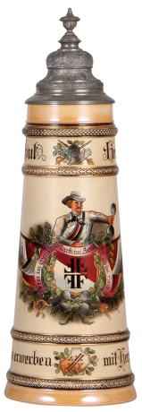 Pottery stein, 2.0L, 15.9" ht., etched & handpainted, marked 137, 4F, Gut Heil! pewter lid, mint. 