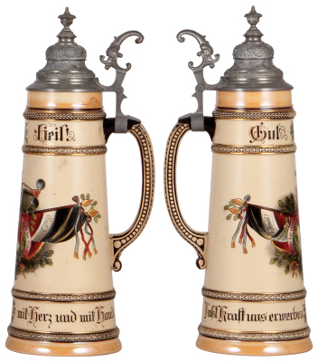 Pottery stein, 2.0L, 15.9" ht., etched & handpainted, marked 137, 4F, Gut Heil! pewter lid, mint.  - 2