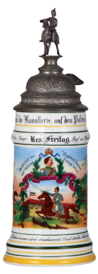 Regimental stein, .5L, 11.8'' ht., porcelain, 4. Esc., Jäger Regt. zu Pferde, Posen, 1902 - 1905, two side scenes, roster, eagle thumblift, named to: Res. Freitag, very good repair of pewter finial attachment, otherwise mint.