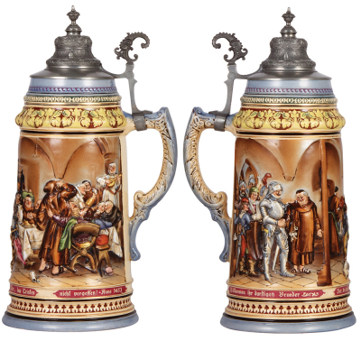 Pottery stein, 4.0L, 16.5" ht., relief, marked 103, by Dümler & Breiden, pewter lid, pewter slightly dented, body mint.  - 2